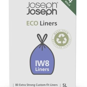 Joseph Joseph Eco Liners Iw8 Eco Recycled Plastic Bin Liners, Kitchen Bathroom Trash Bags With Tie Tape Drawstring Handles, Extra Strong – Pack Of 80, Holds 5 Litres/1.3 Gallons