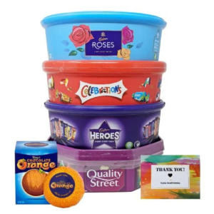 Assorted Christmas Chocolate Tubs Selection – Pack of 5 – Bulk Buy of Roses, Heroes, Quality Street, Celebrations Chocolate Pralines & 1 Terry’s Orange Chocolate with Topline Card for Chocolate Gifts